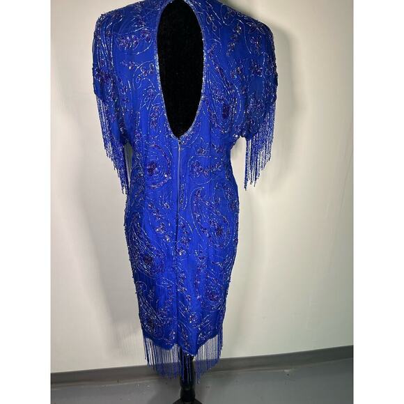 Vintage Laurence Kazar Womens Size L  Blue Beaded Fringe Cocktail Dress - Picture 5 of 8